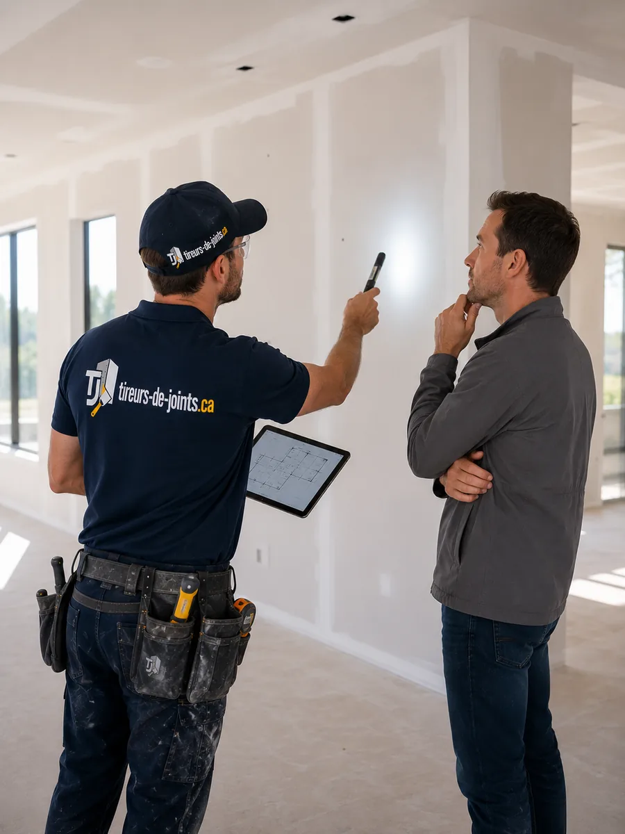 Tireur de joints présentant un plan à un client sur un chantier